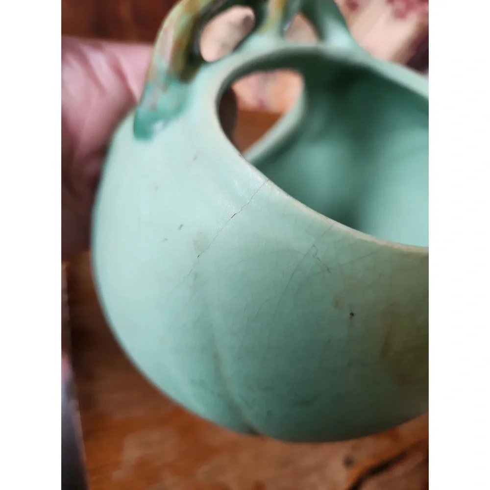 Vintage Weller Art Pottery Wild Rose Matte Green / Blue Basket Vase